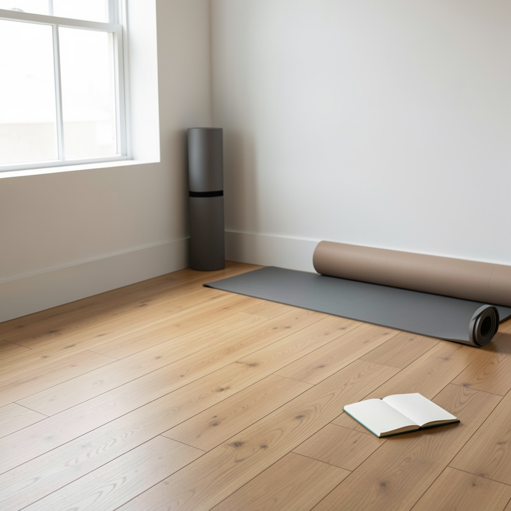 Minimalist home training space with a wooden floor, natural light from a wide window, a rolled yoga mat in the corner and a small notebook open on the floor