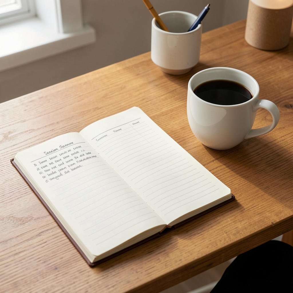 A hand-written session log open on a wooden desk next to a cup of black coffee, natural morning light, clean workspace with minimal objects