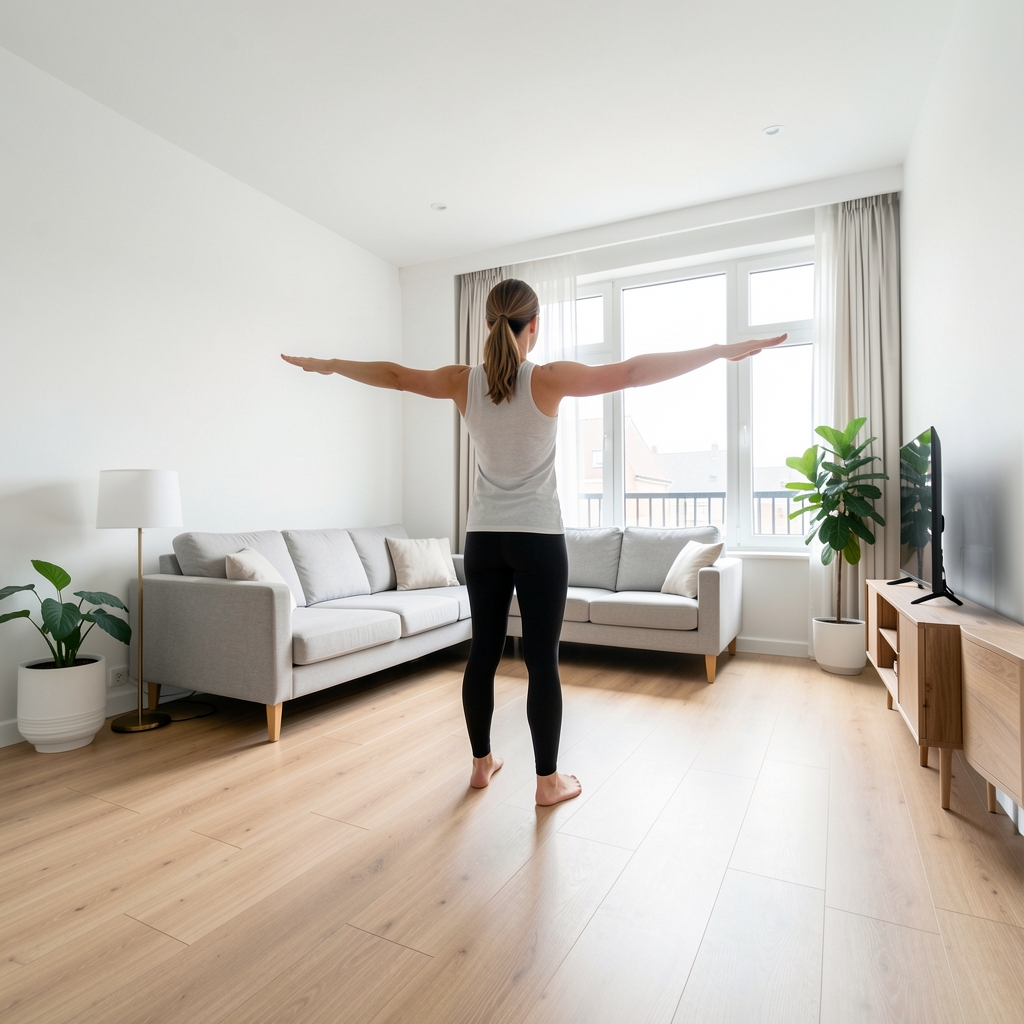Wide-angle view of a clean living room repurposed for home training, light wooden floors, white walls, person mid-exercise in a standing position with arms extended
