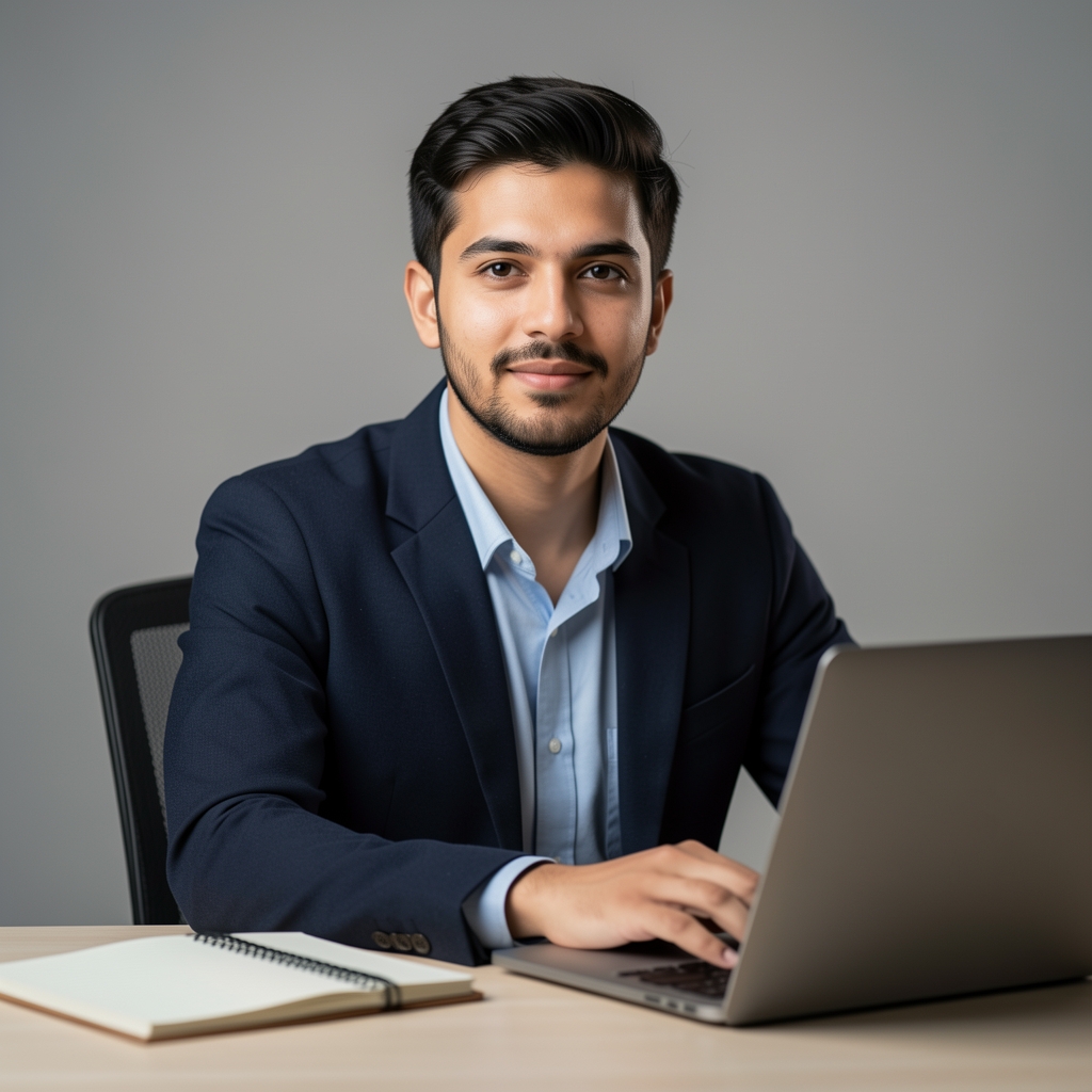 Editorial portrait of a movement researcher seated at a minimal desk with a notebook and laptop, indirect studio lighting, neutral background