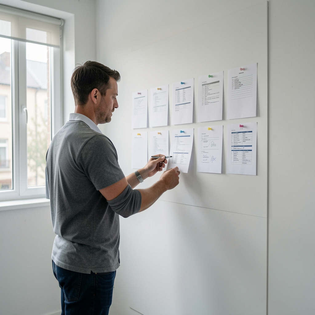 Movement documentation specialist standing in a clean studio space reviewing printed session notes attached to a wall, natural light from a side window