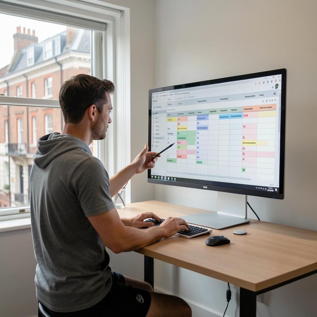 Workout planning specialist at a standing desk reviewing a structured weekly schedule on a large monitor, minimalist office setting, London urban background visible through window