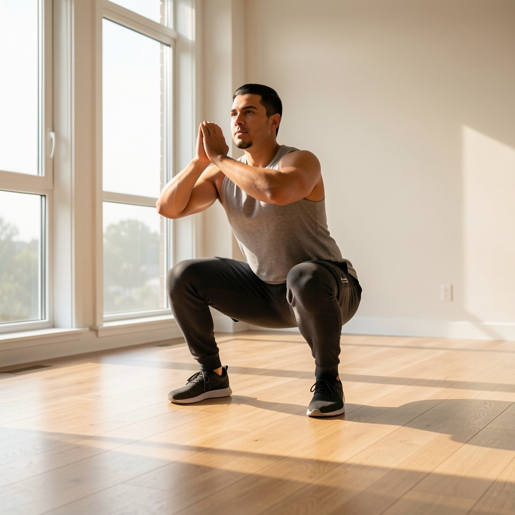 Person performing a controlled bodyweight squat in a minimal home setting, morning light filtering through large windows onto a clean wooden floor