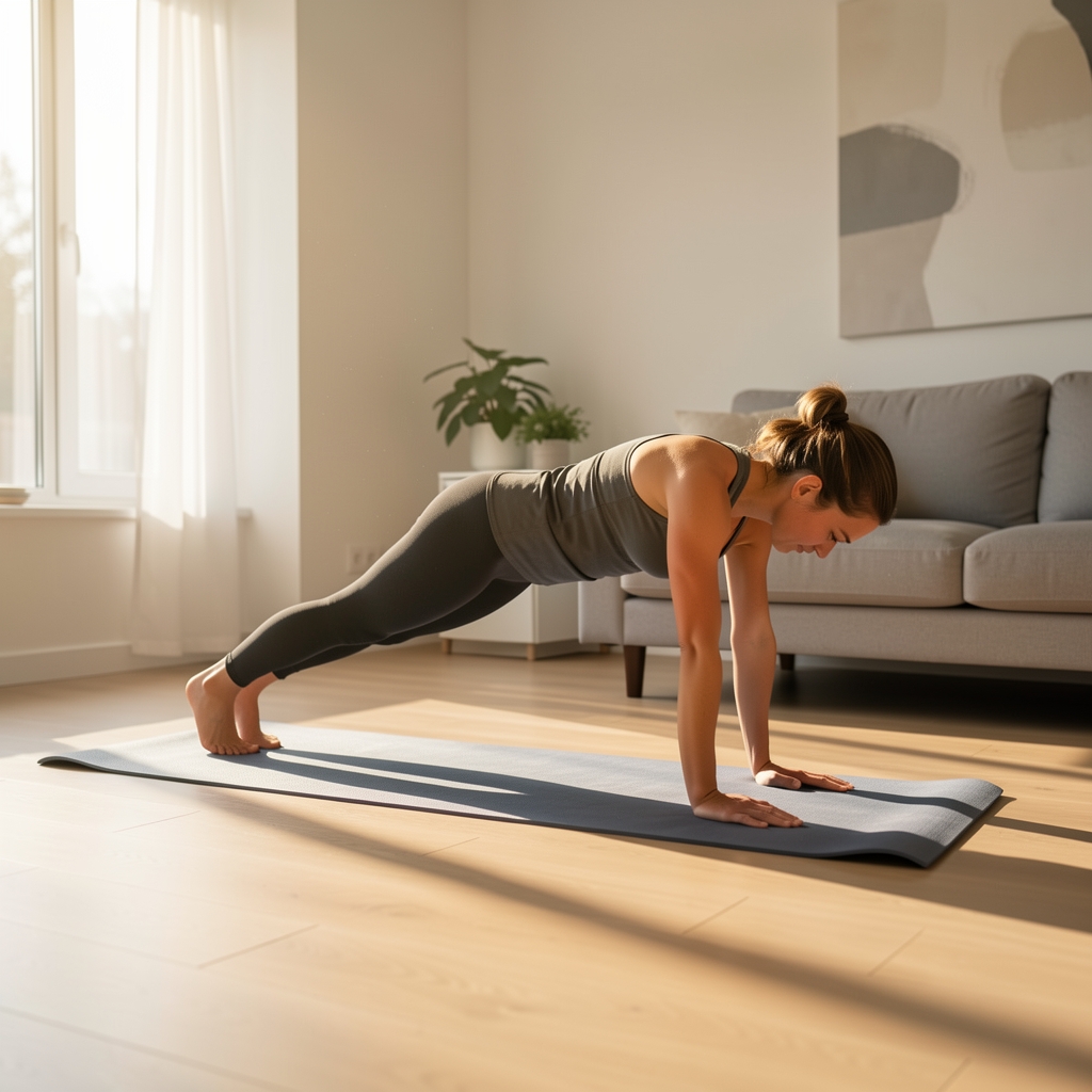Early morning home workout scene showing a person in a high plank position on a yoga mat, soft natural light casting long shadows across a minimalist living room floor