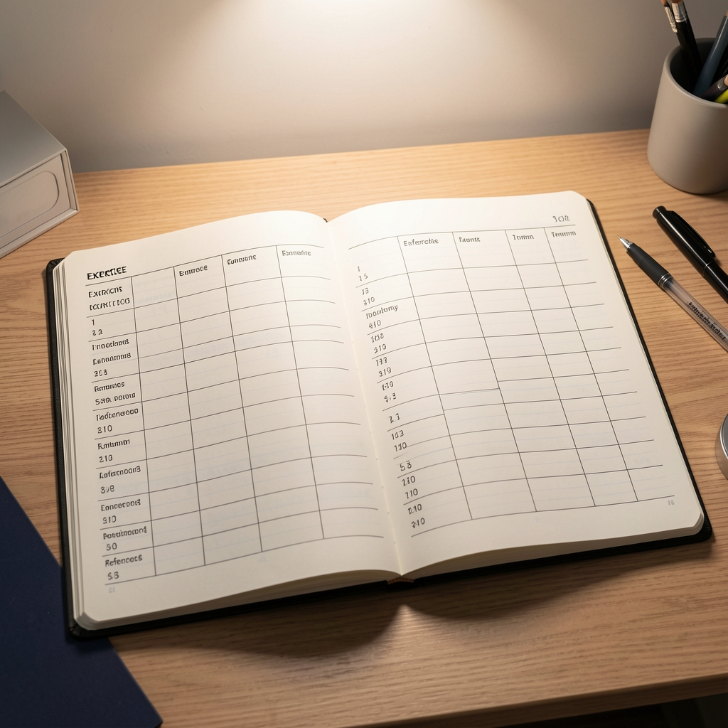 Open session planning notebook on a desk with a structured grid layout showing exercise categories, reference numbers and timing columns, studio lighting from above