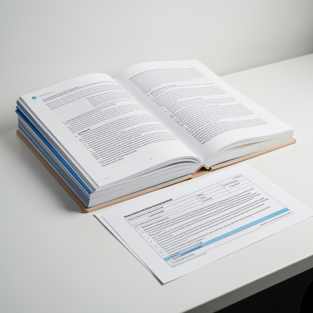 Stack of open research journals and printed protocol sheets on a clean work surface, bright studio lighting showing text detail, minimal background