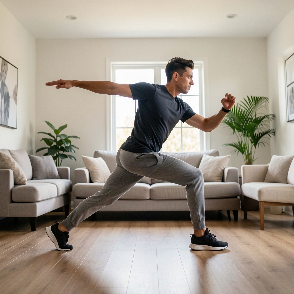 Person performing a lateral lunge jump in a living room cleared of furniture, controlled lighting showing full body extension at peak of movement