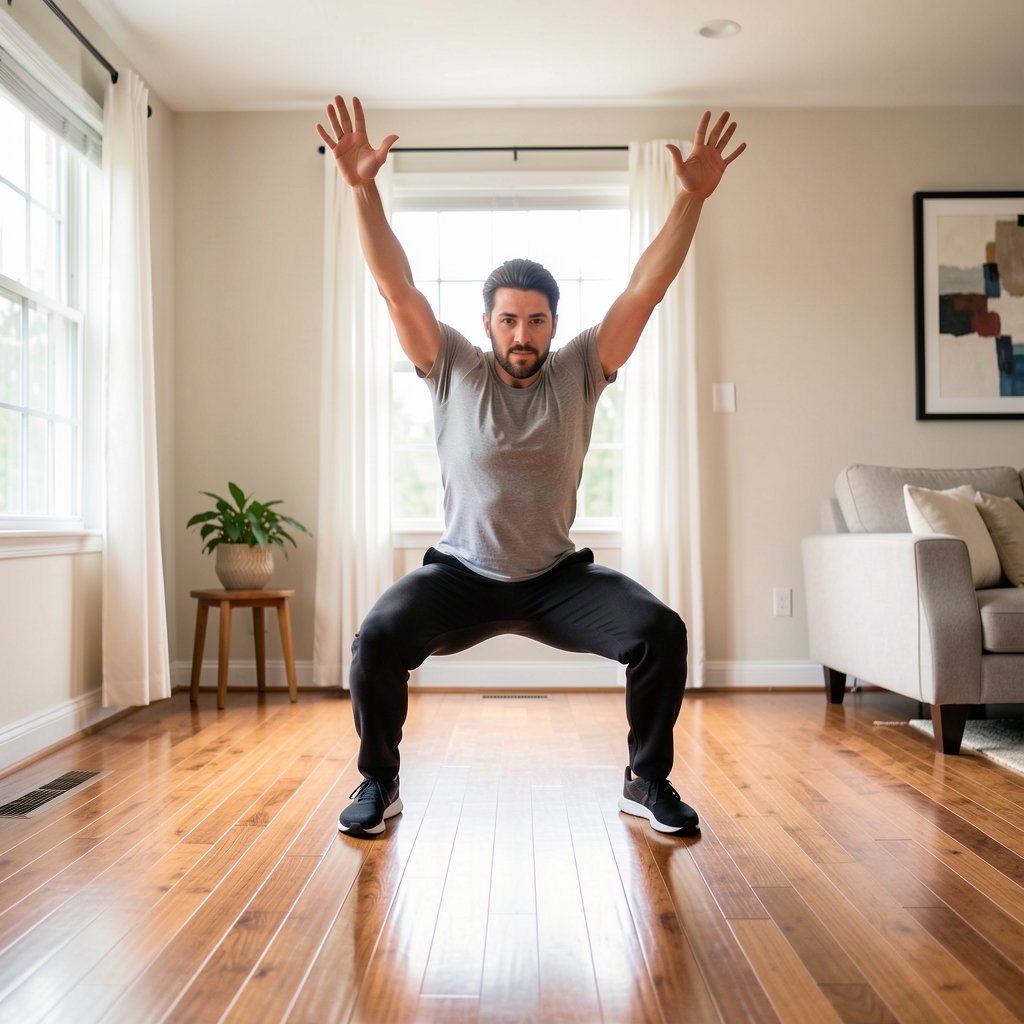 Person performing a burpee at the top of the jump phase in a bright home environment, hardwood floor visible, arms extended overhead, full body frame
