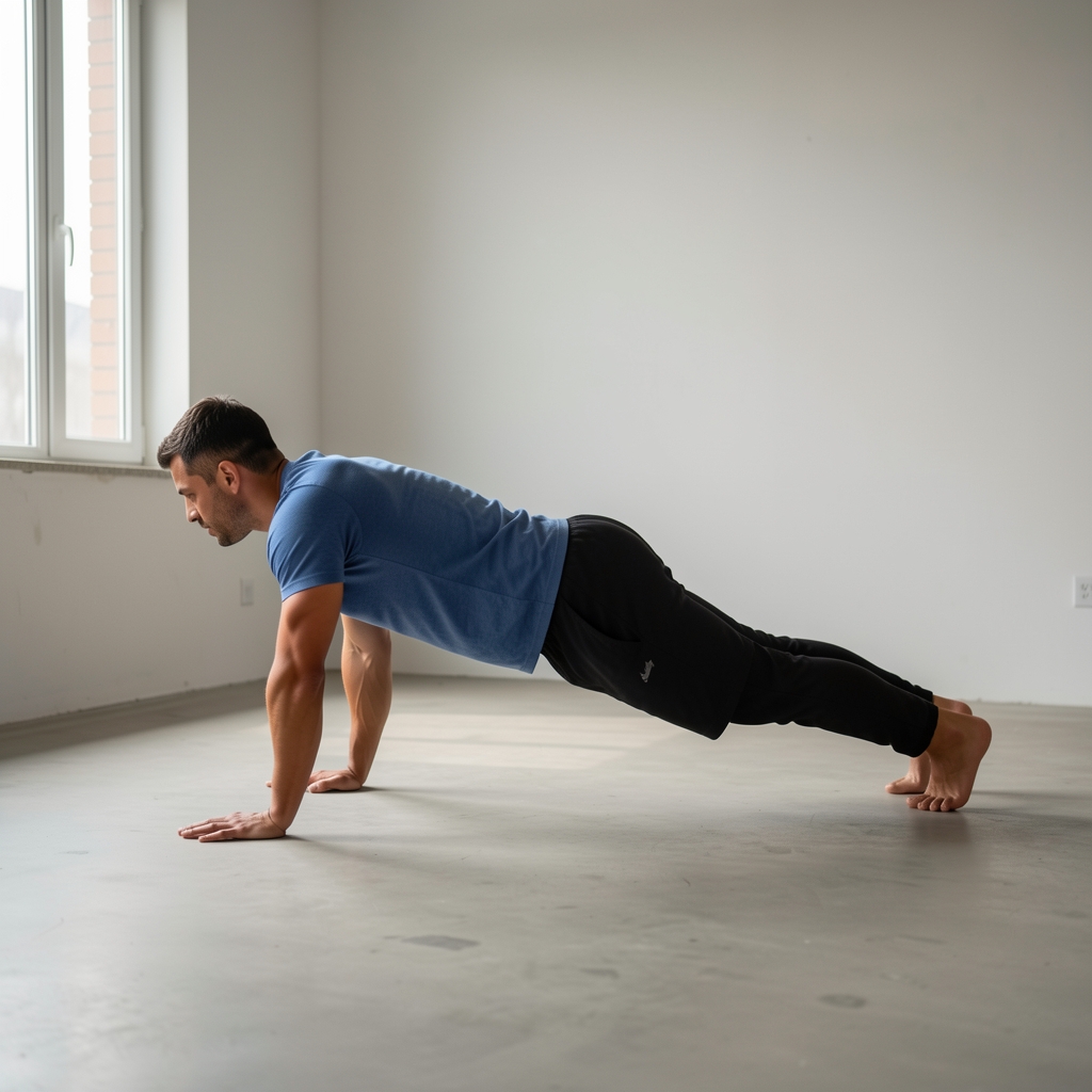 Person in a controlled push-up position in a stripped-back home setting, sidelit from a nearby window showing perfect plank body alignment