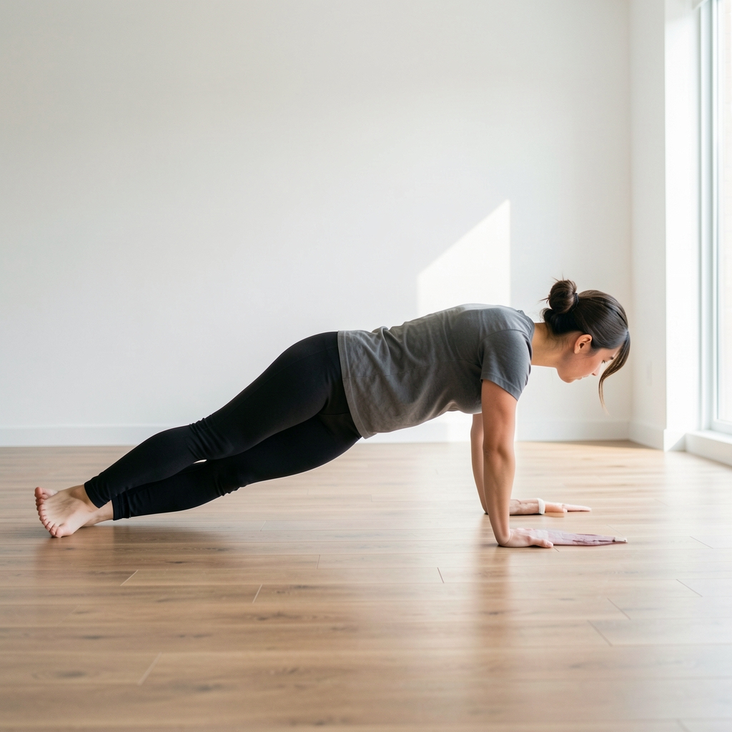 Person performing a side plank on a wooden floor in a bright minimal home space, forearm on floor, body in straight diagonal alignment, natural daylight