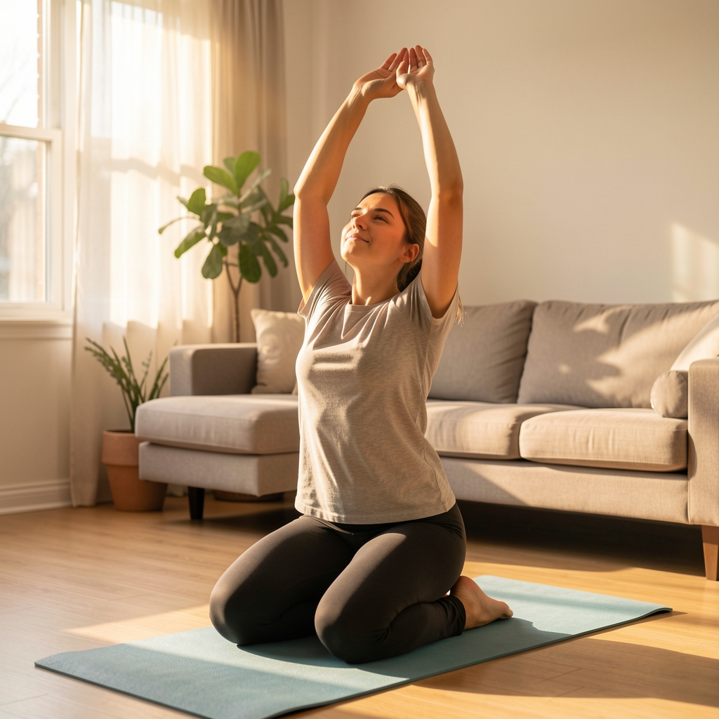 Person in a deep hip flexor stretch kneeling on a yoga mat in a light-filled living room, arms reaching overhead, relaxed expression, warm morning light